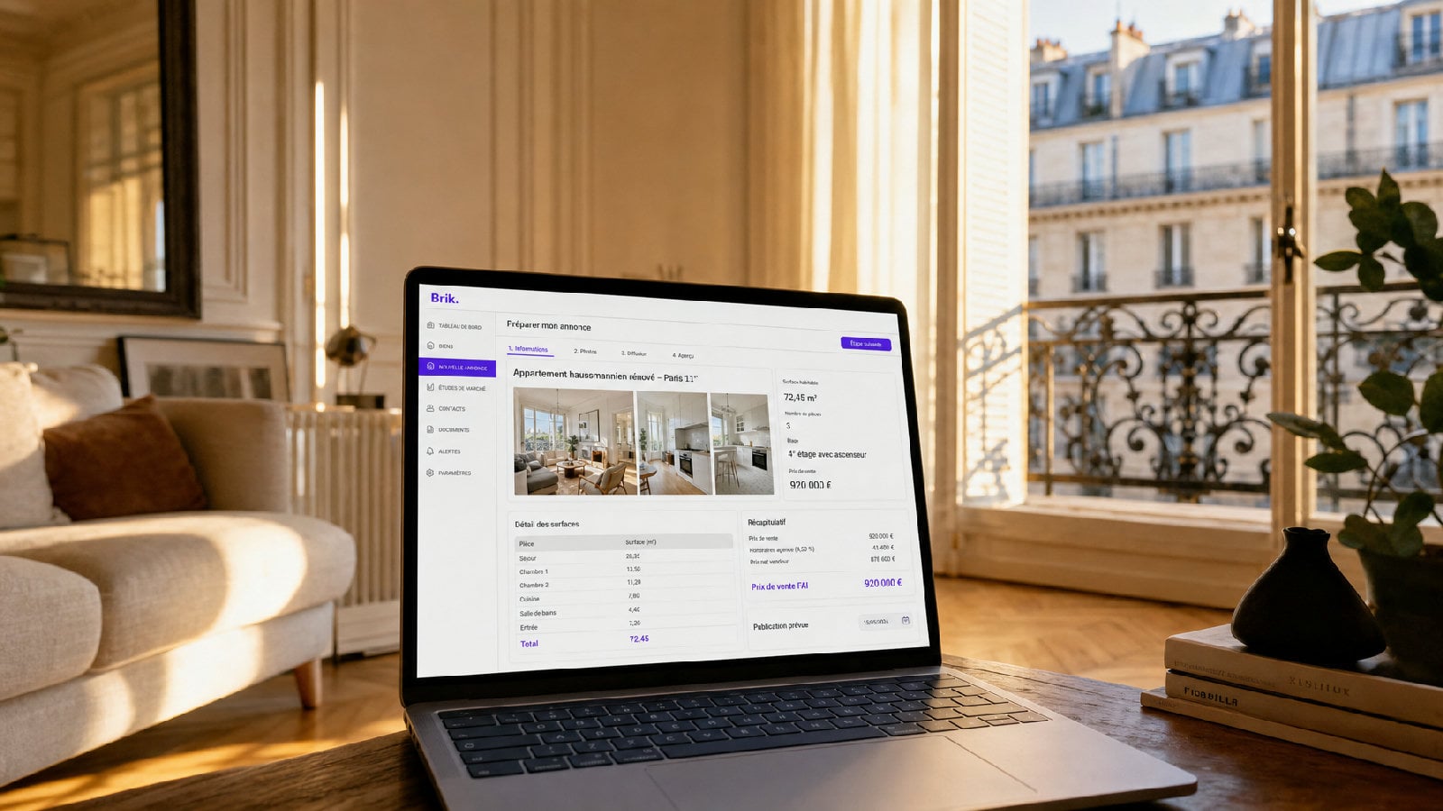 Séjour lumineux d'un logement partagé, la fiche du bien ouverte sur l'ordinateur
