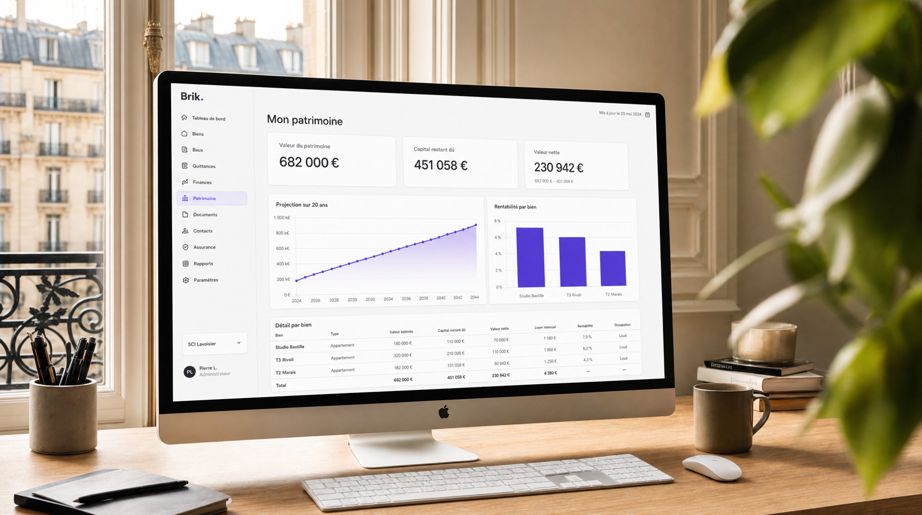Interface de pilotage patrimonial Brik Pro avec indicateurs de performance et suivi de rentabilité en temps réel