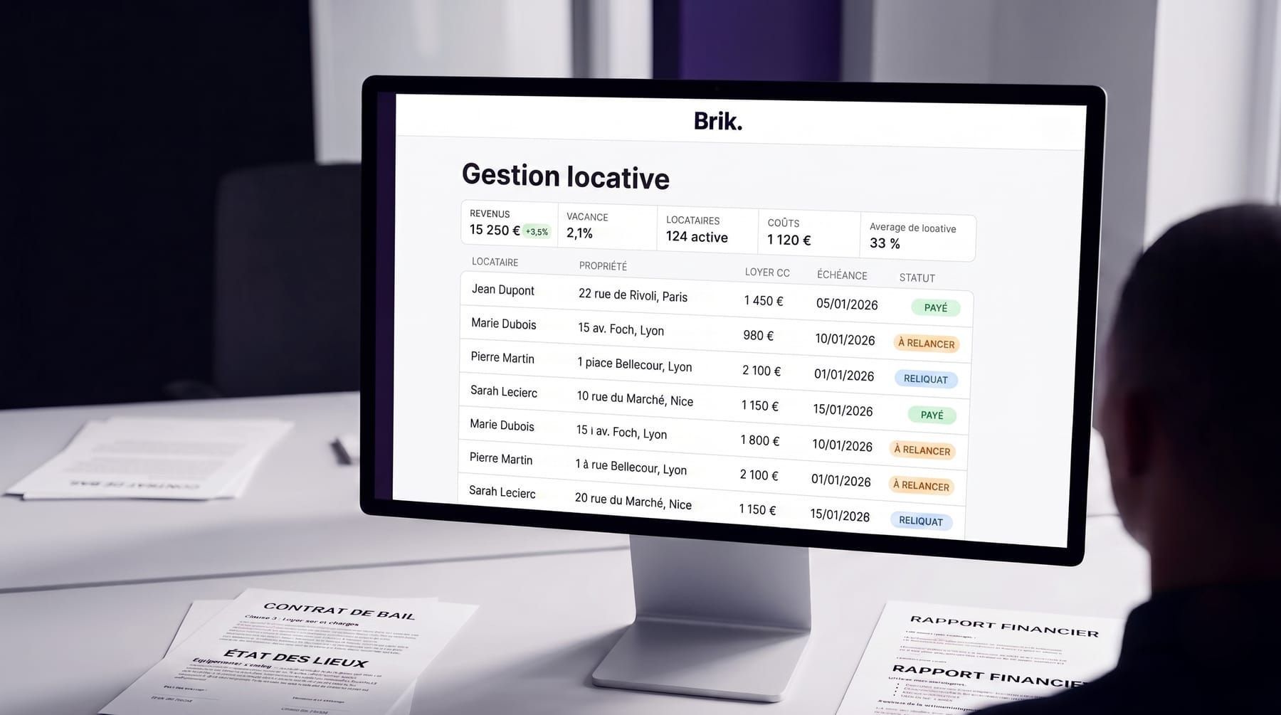 Écran Brik Pro de la gestion locative : lots, loyers et statuts d'une agence