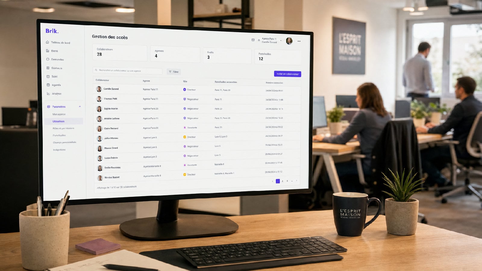 Écran Brik Pro de gestion des accès : collaborateurs, agence de rattachement et rôle