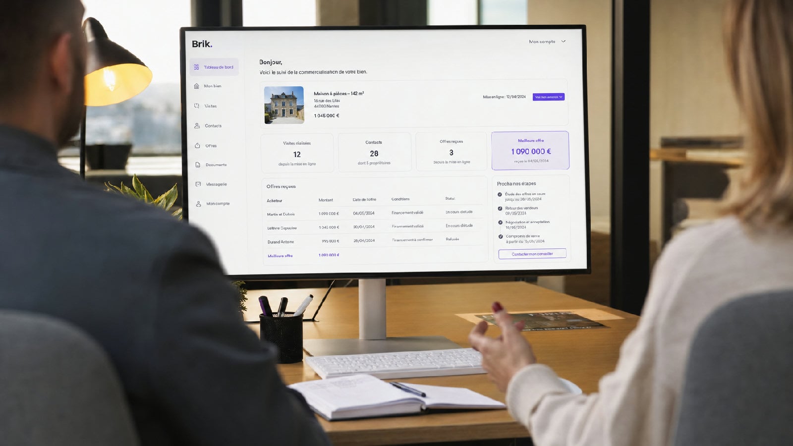 Espace vendeur Brik Pro présenté au client : visites effectuées, contacts et offres reçues